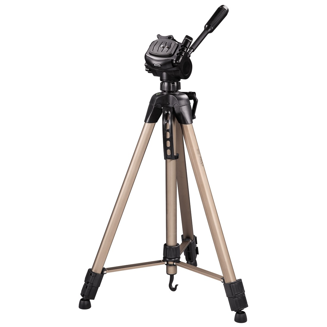 Tripod with three legs, black and gold color, with a head.