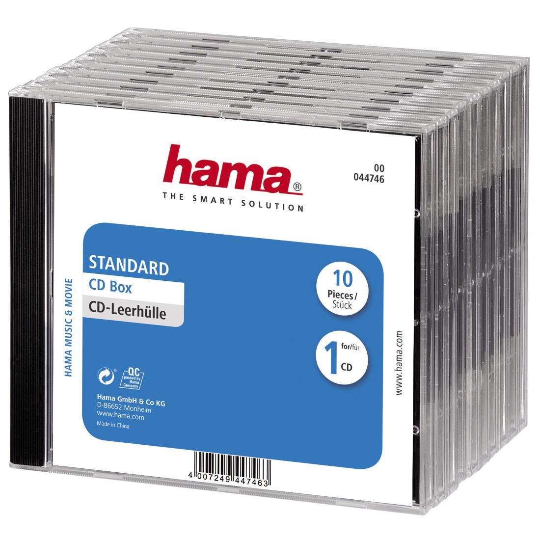 Hama CD box containing 10 CD cases. White label with blue details, black spine.