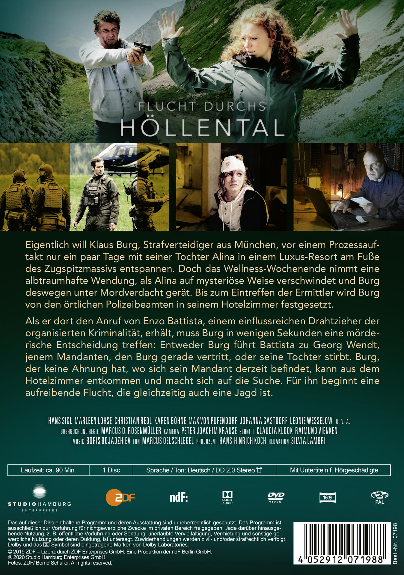 Filmdvd-Cover mit Text und Bildern von Personen, einem Hubschrauber und einer Bergkulisse. Deutscher Text.