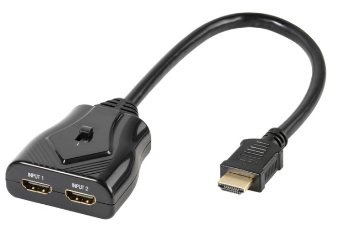 Schwarzes HDMI-Splitterkabel mit 2 Eingängen und 1 Ausgang.