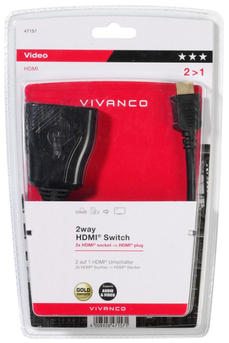 Ein Vivanco HDMI-Switch in einer Kunststoffverpackung, mit einem schwarzen Adapter und einem schwarzen HDMI-Kabel.