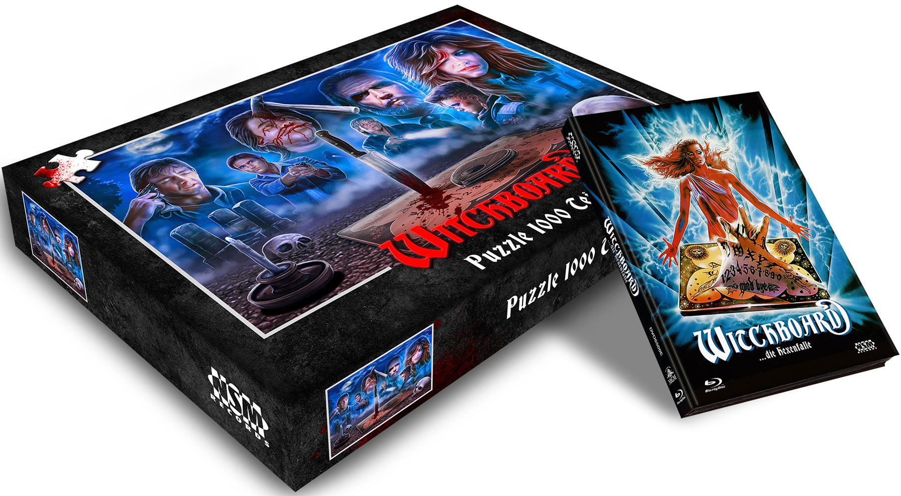 Witchboard-Puzzle und Blu-ray-Cover. Beide zeigen Horrorbilder und ein Ouija-Brett.