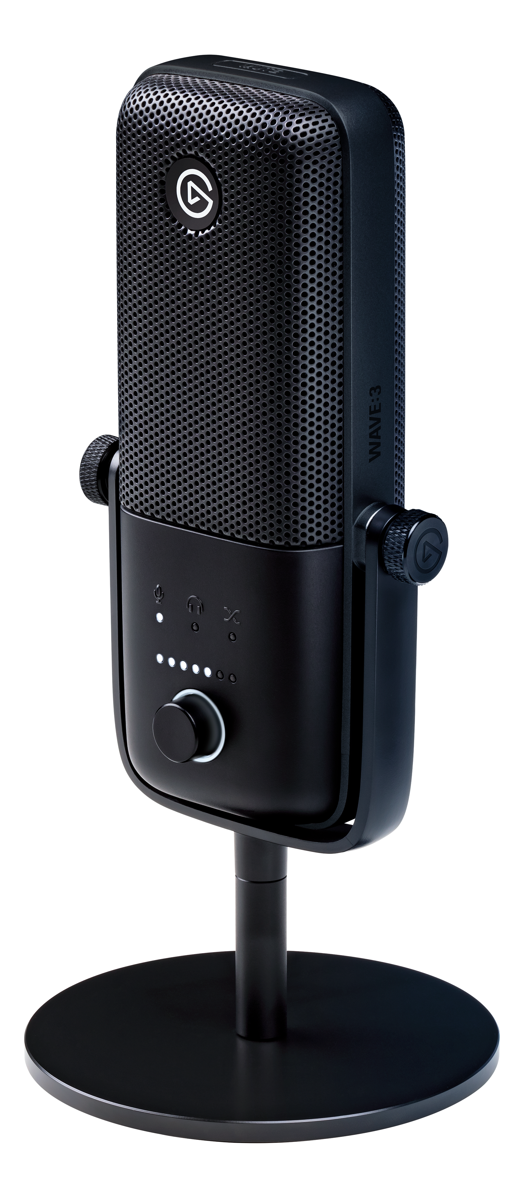 Schwarzes Elgato Wave-3 Mikrofon auf einem Ständer. Es hat ein Mesh-Gitter und Bedienelemente.