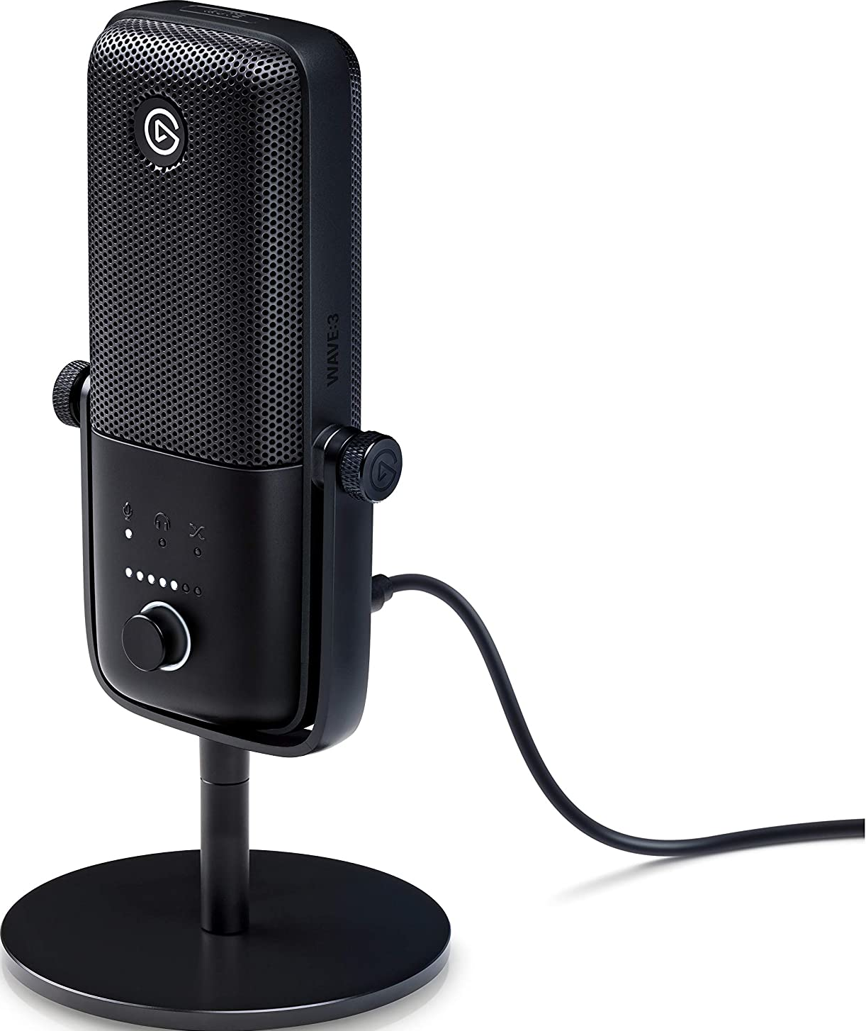 Schwarzes Elgato Wave:3 Mikrofon auf einem Ständer, mit schwarzem Kabel, auf weißem Hintergrund.