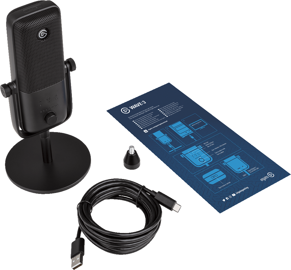 Elgato Wave:3 Mikrofon mit Zubehör. Mikrofon, Ständer, USB-Kabel und Anleitungsblatt auf dem Tisch.