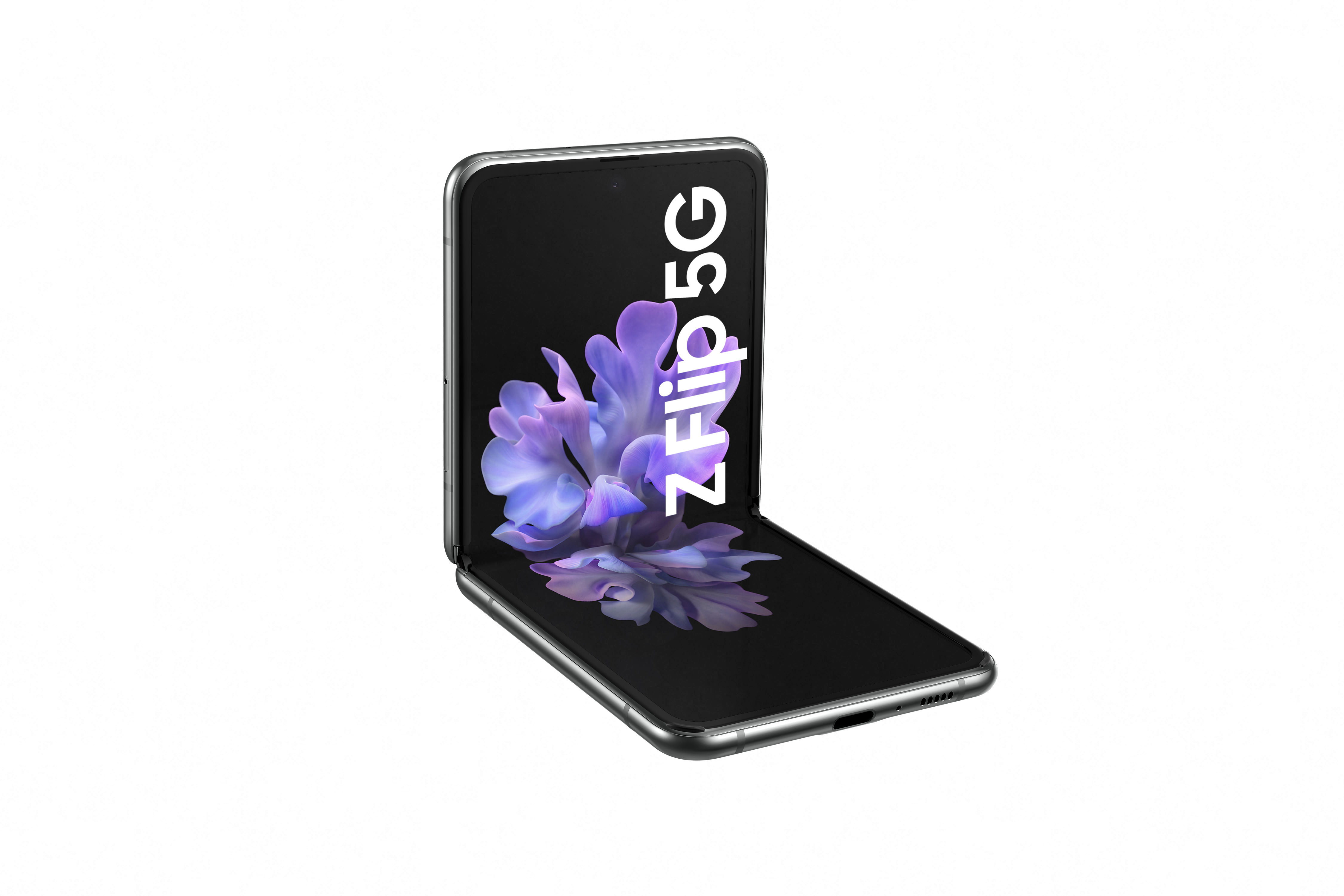 Teléfono plegable Samsung Z Flip 5G, pantalla negra con diseño floral.