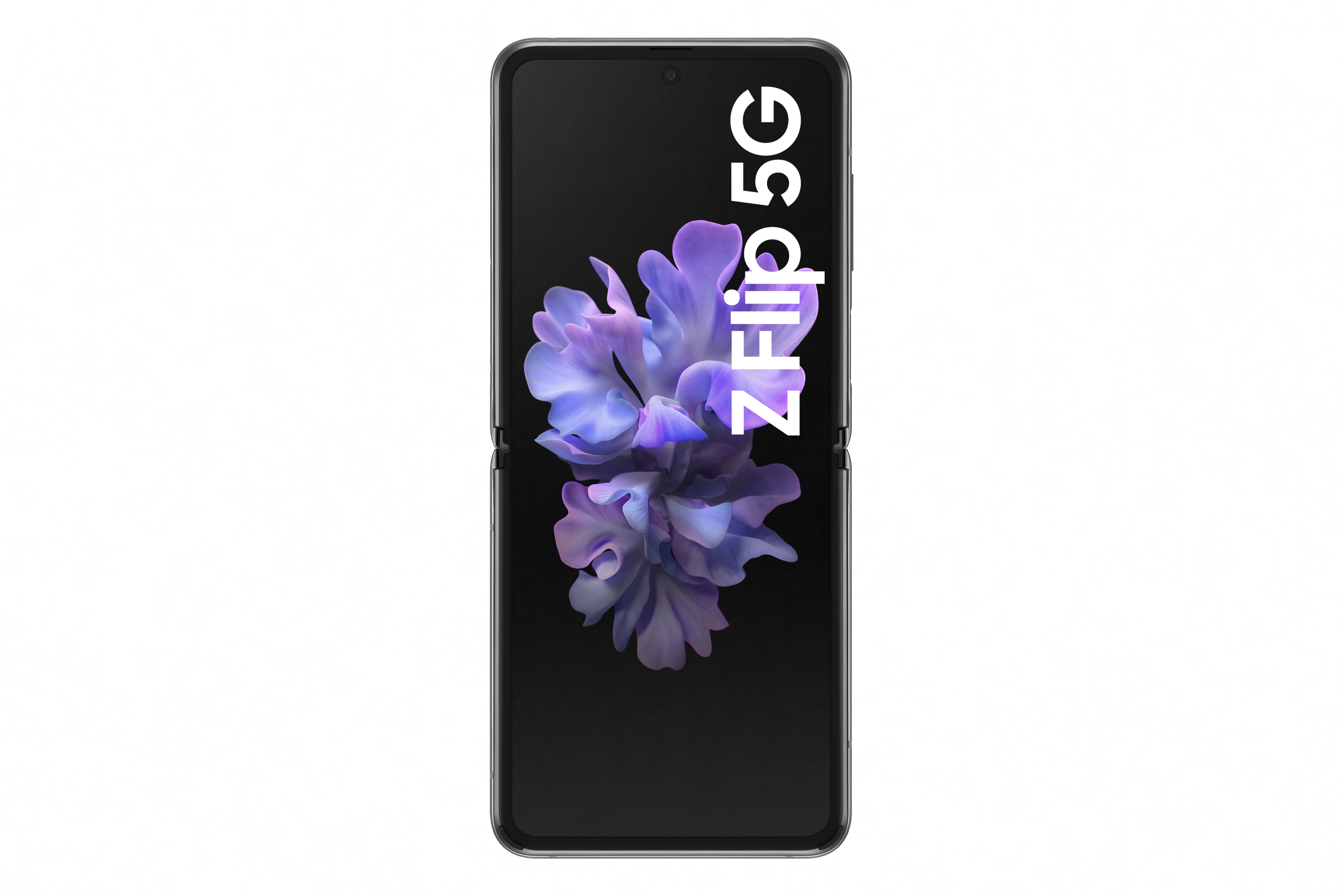 Un teléfono inteligente plegable con un patrón floral púrpura en la pantalla. El teléfono es blanco.