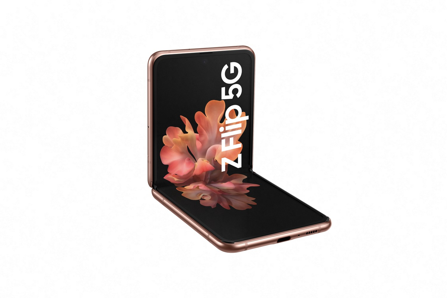 Un teléfono plegable, abierto, con la pantalla que muestra el logotipo y el texto.