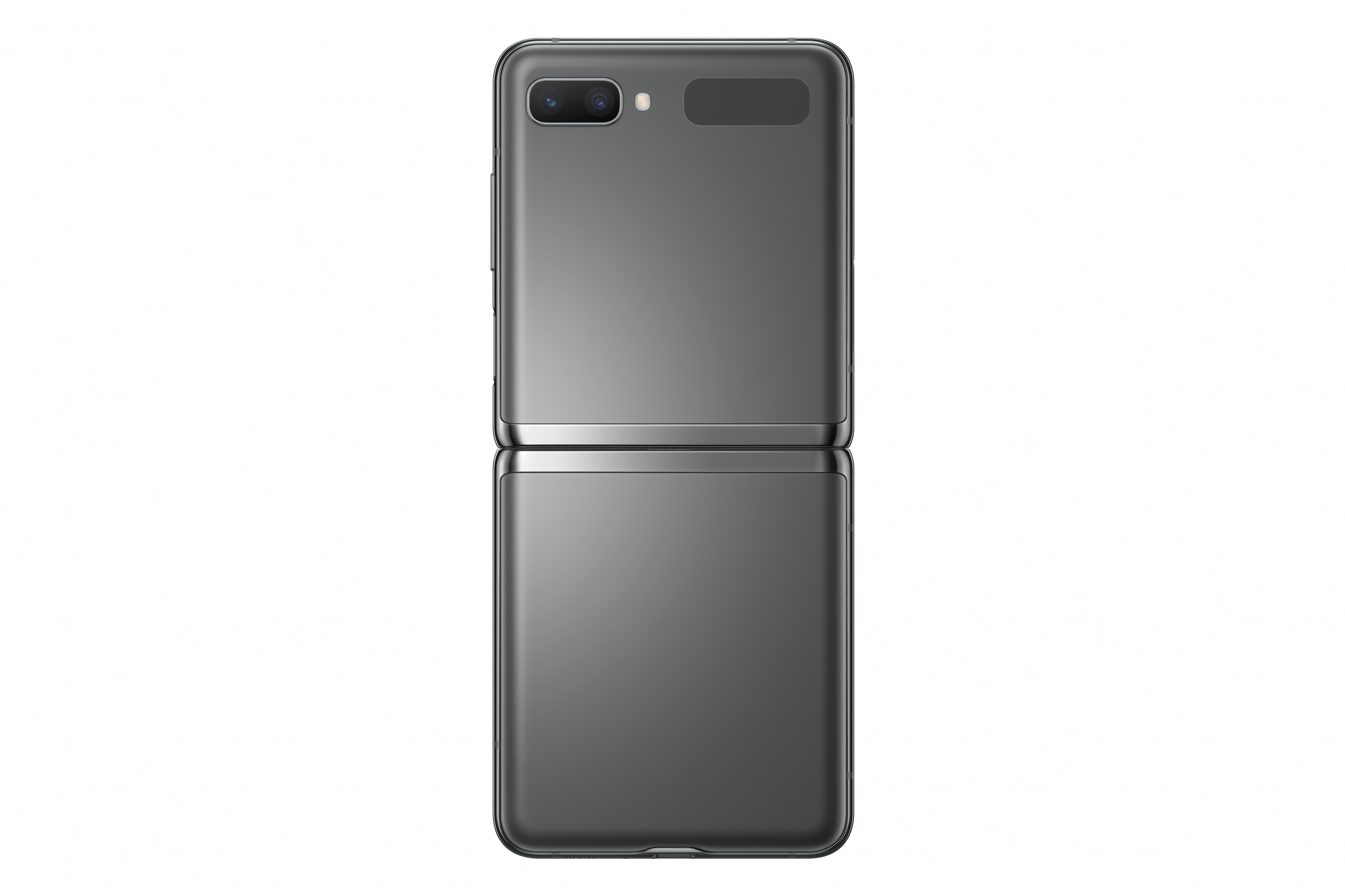 Smartphone gris plegado. El teléfono está cerrado, con una cámara dual en la parte superior.