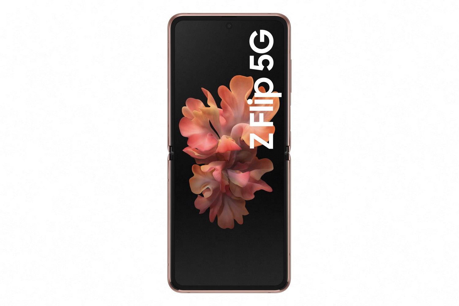Teléfono dorado plegable con un diseño floral en la pantalla.