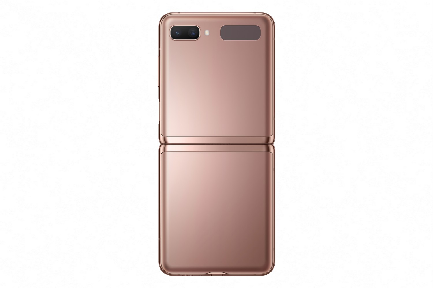 Un teléfono plegable de oro rosa, abierto y colocado verticalmente, contra un fondo blanco.