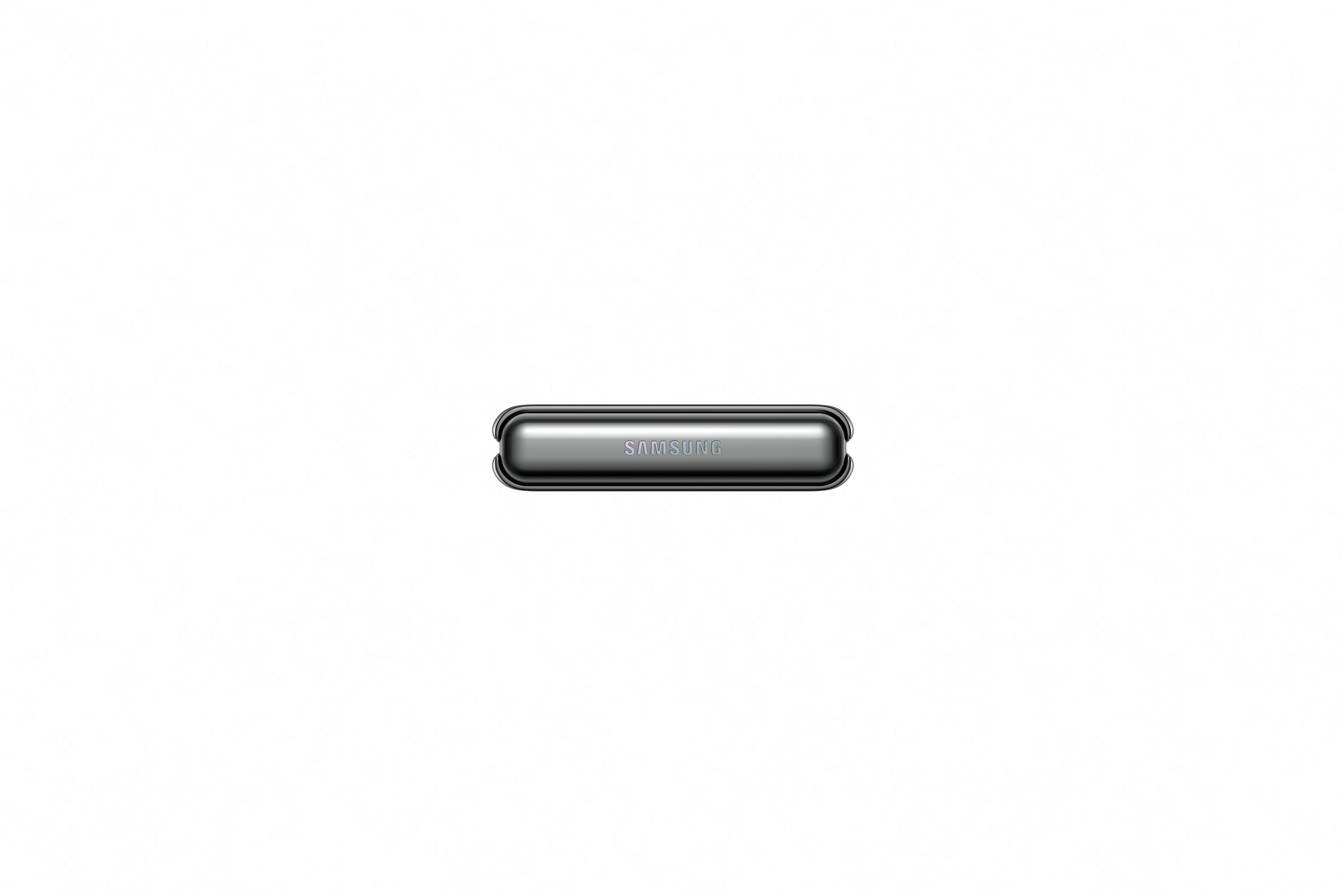 Un pequeño logotipo rectangular plateado de Samsung sobre fondo blanco.