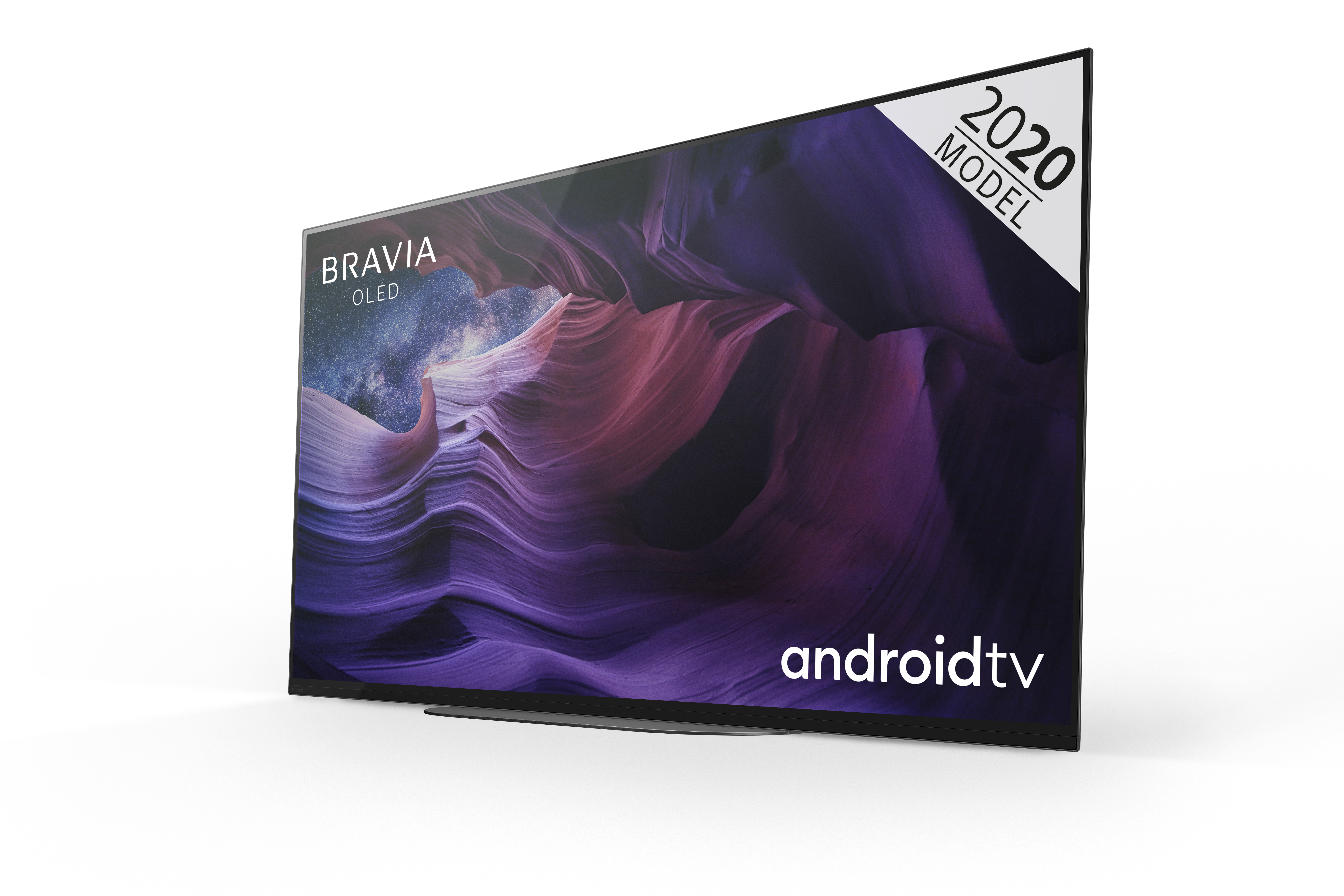 Egy nagyméretű Sony Bravia OLED Android TV. A képernyő egy színes tájképét mutatja.