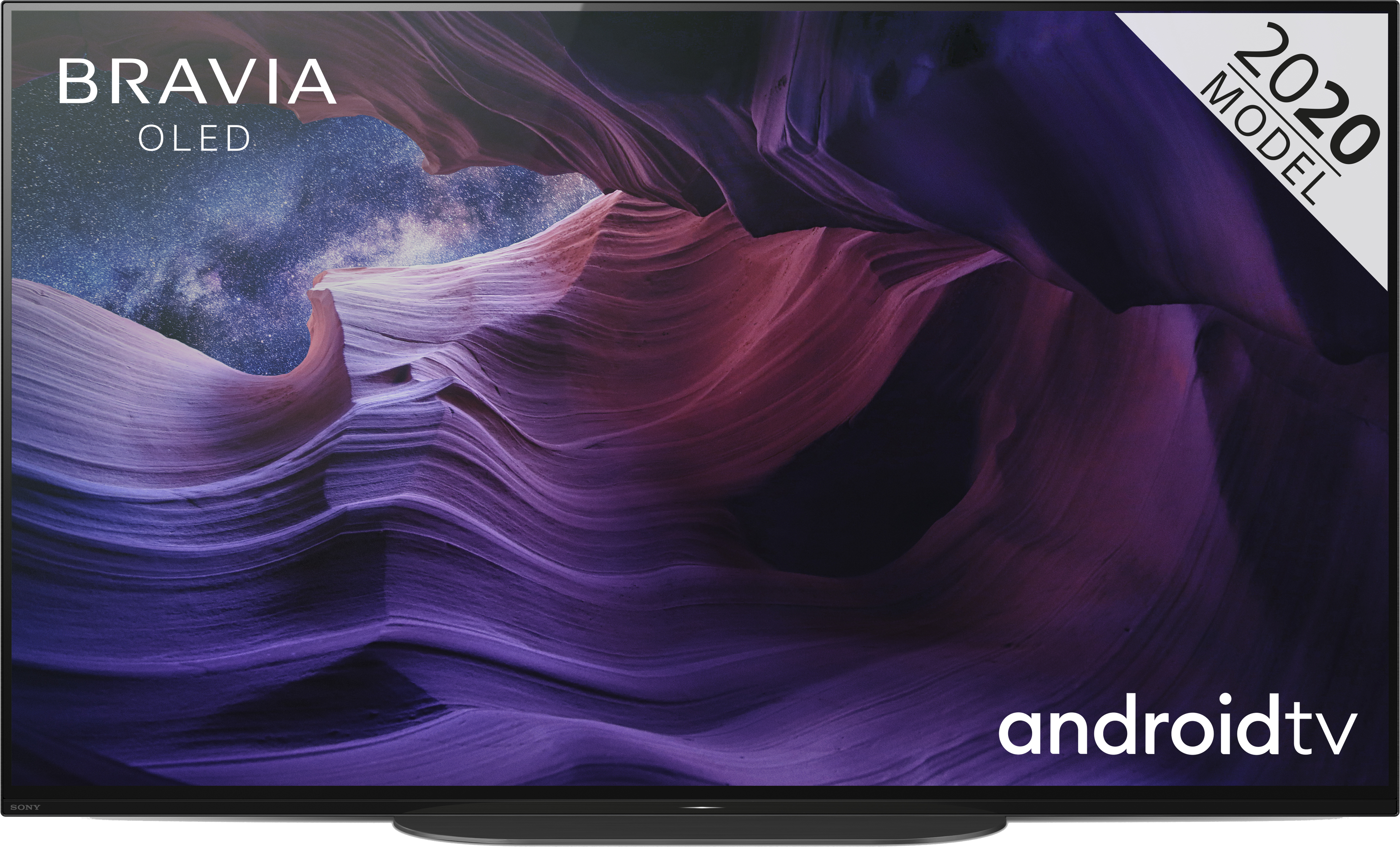 OLED TV festői kanyonnal. 2020-as modell címke a jobb felső sarokban. Android TV.