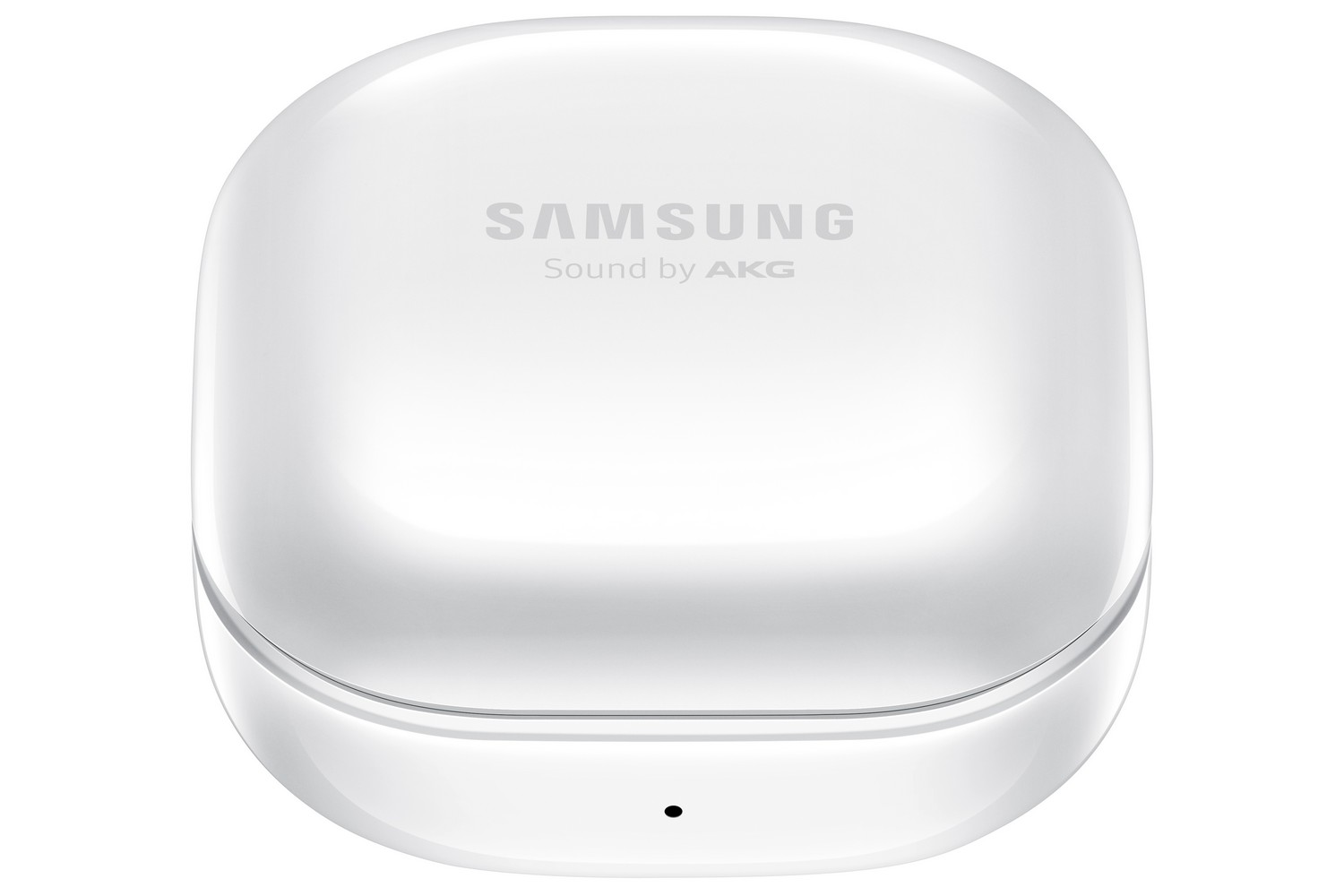 Estuche blanco de auriculares Samsung con 'SAMSUNG Sound by AKG' impreso.