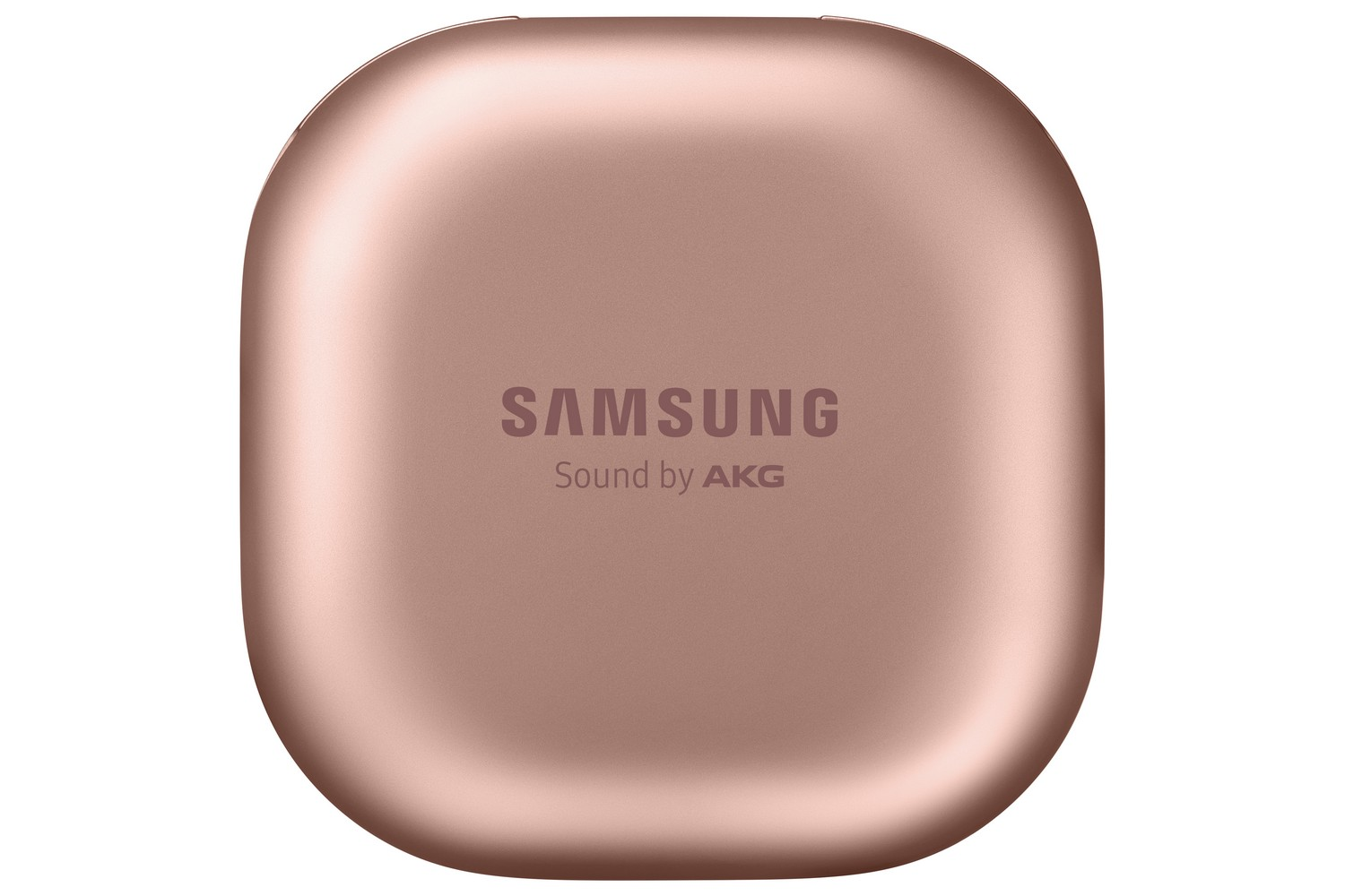 Estuche cerrado de auriculares Samsung en oro rosa. Logotipos de Samsung y AKG visibles.