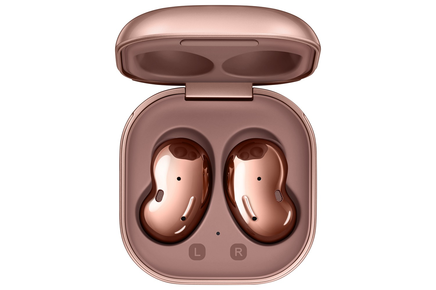 Auriculares inalámbricos oro rosa en un estuche de carga. Los auriculares tienen forma de frijol.