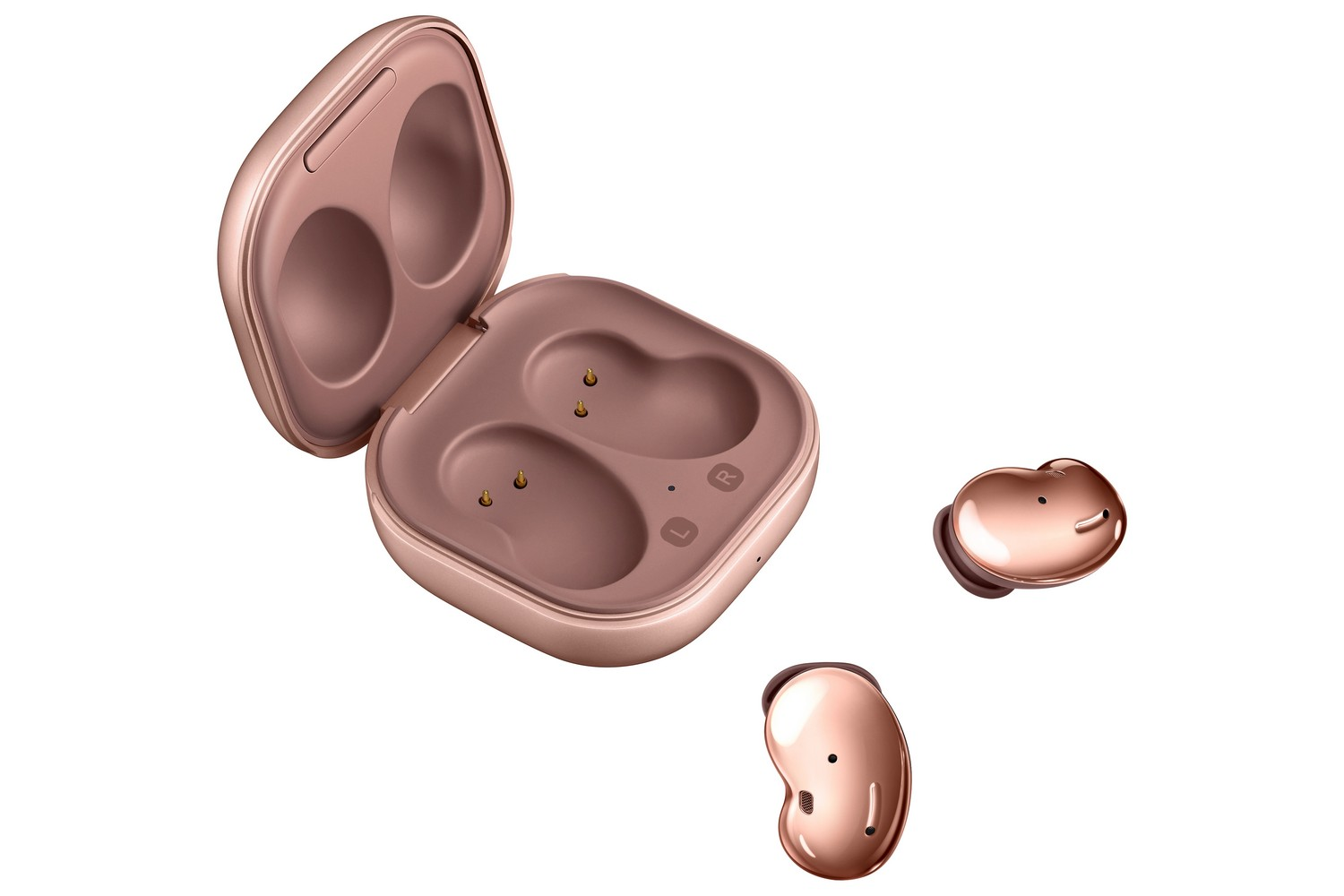 Auriculares rosa dorado con estuche de carga. Dos auriculares con forma de frijol y el estuche abierto son visibles.