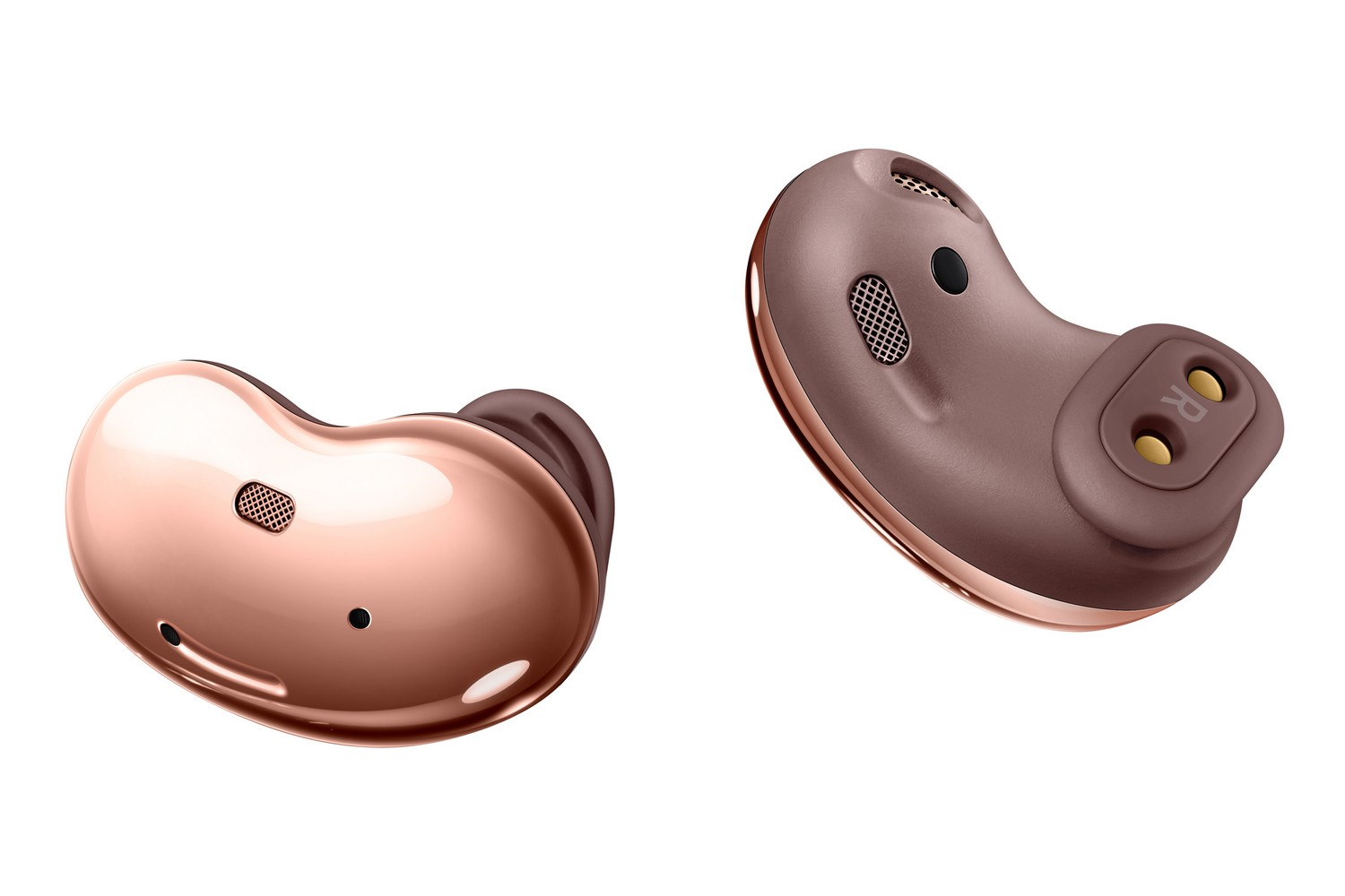 Dos auriculares inalámbricos oro rosa sobre fondo blanco. Uno muestra detalles internos.