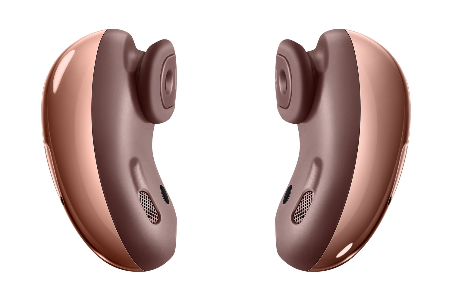 Dos auriculares inalámbricos de oro rosa. Los auriculares están sobre un fondo blanco.