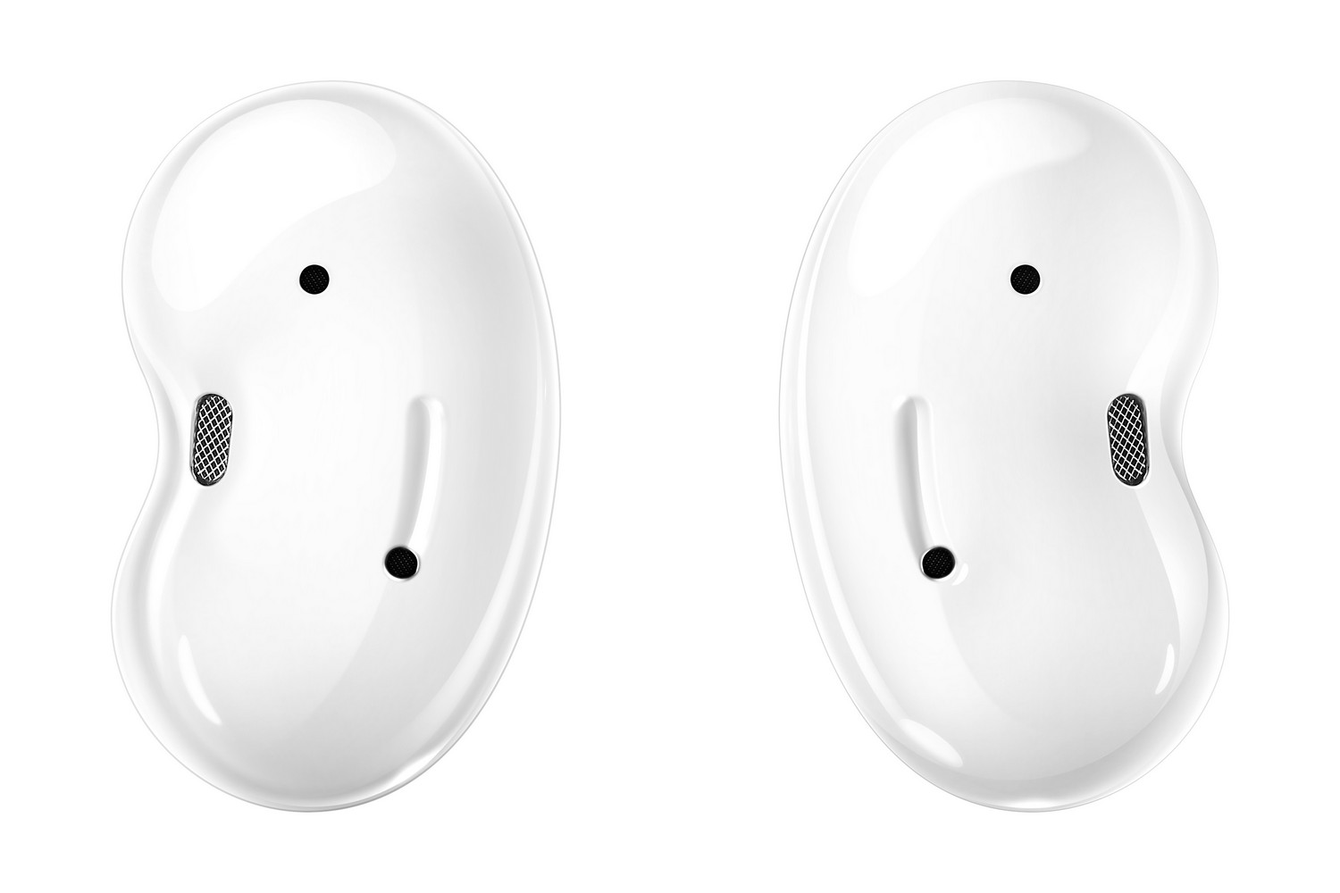Auriculares Samsung Galaxy Buds Live blancos, dos auriculares en forma de frijol, fondo blanco.