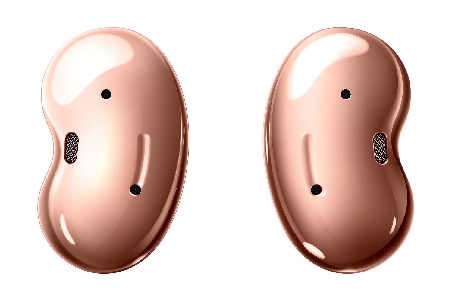 Dos auriculares en forma de frijol, color oro rosa, cada uno con un punto negro y un orificio cubierto de malla.
