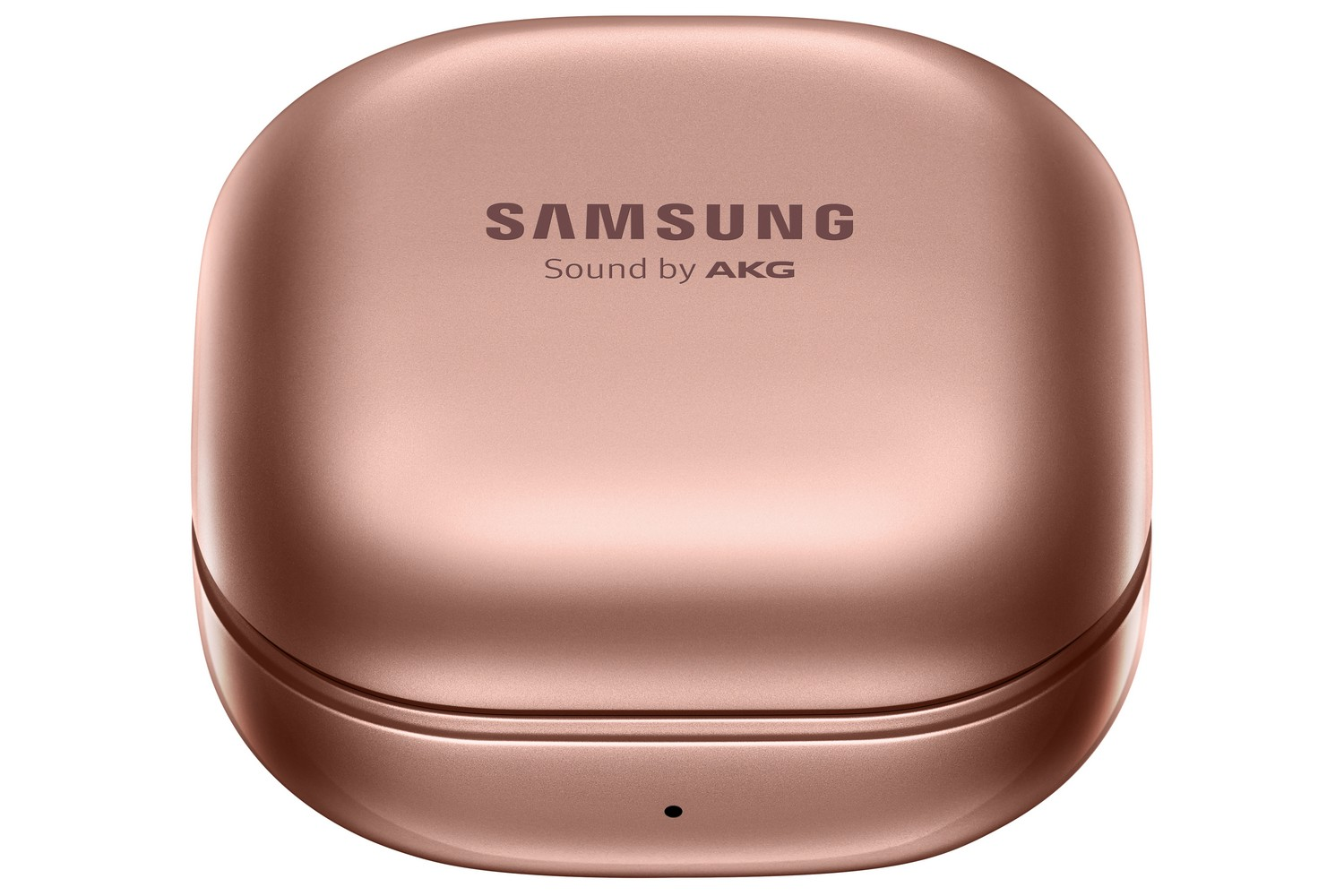 Caja de los Samsung Galaxy Buds en oro rosa, vista superior, sobre un fondo blanco.
