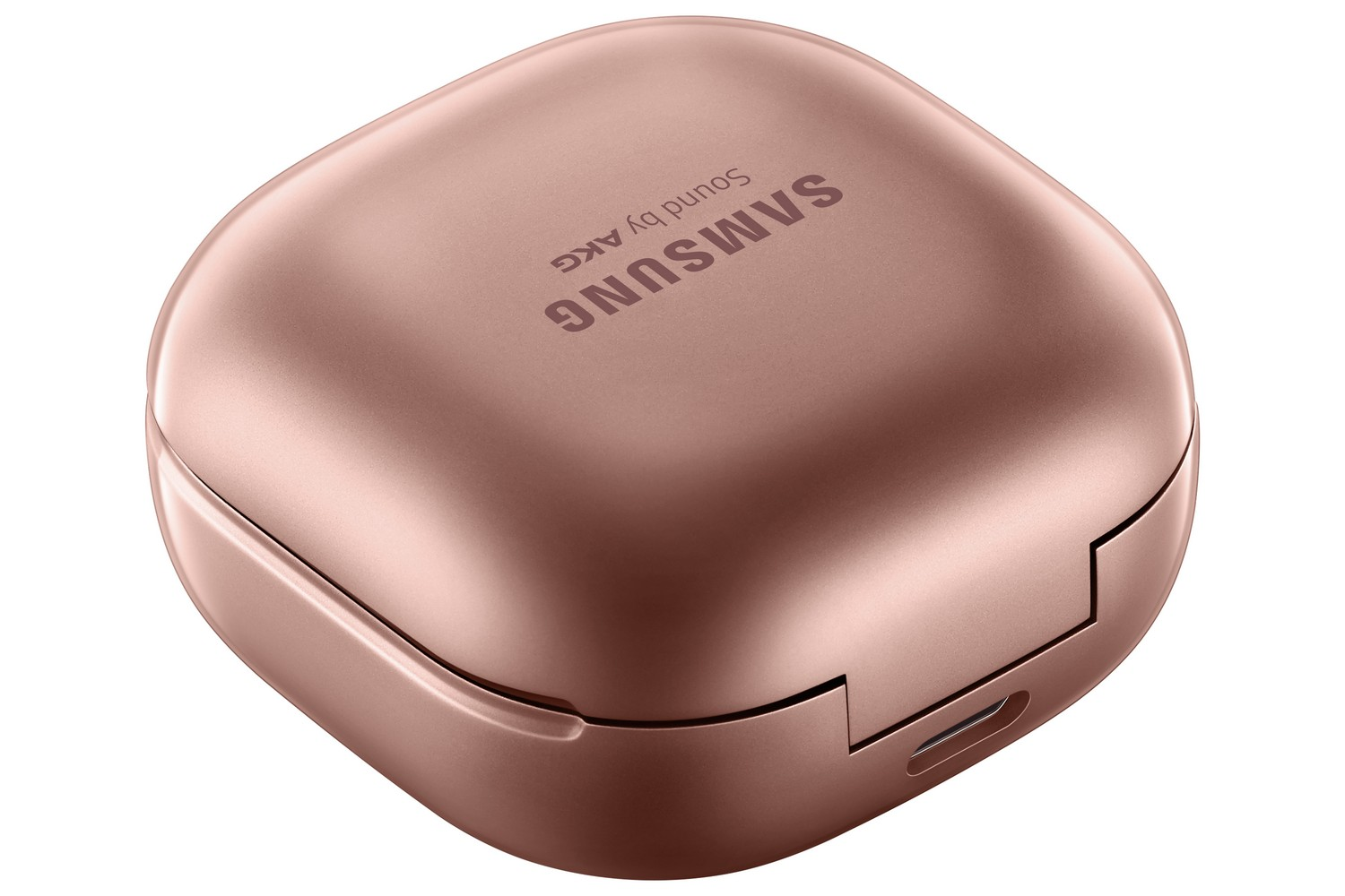 Estuche de carga de color oro rosa para auriculares, con la marca 'SAMSUNG' escrita en él.
