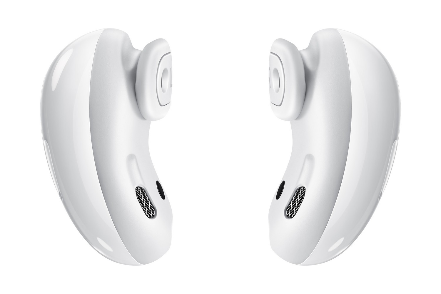 Dos auriculares inalámbricos blancos, angulados entre sí.