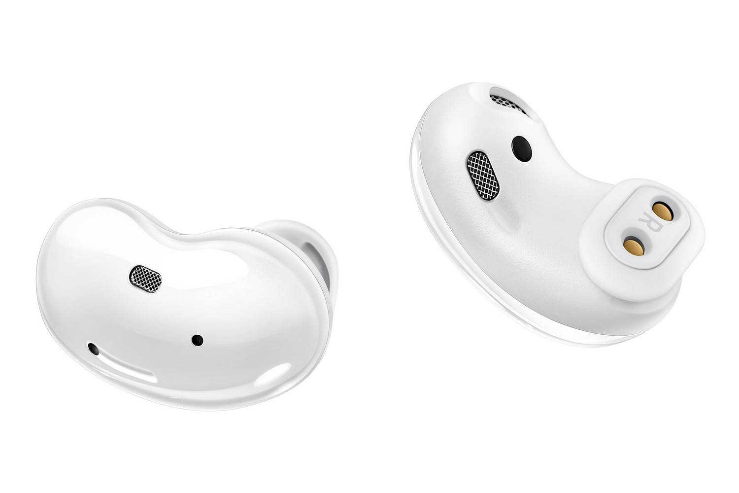 Dos auriculares blancos en forma de frijol sobre blanco.