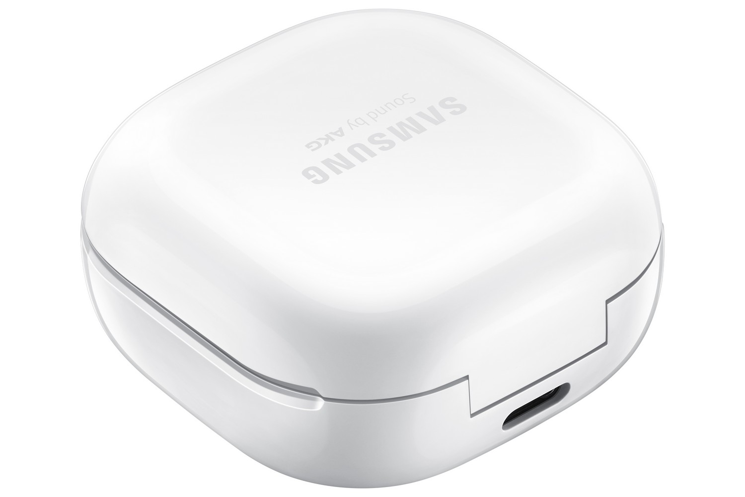 Estuche blanco y cerrado para auriculares, con la marca SAMSUNG y AKG.
