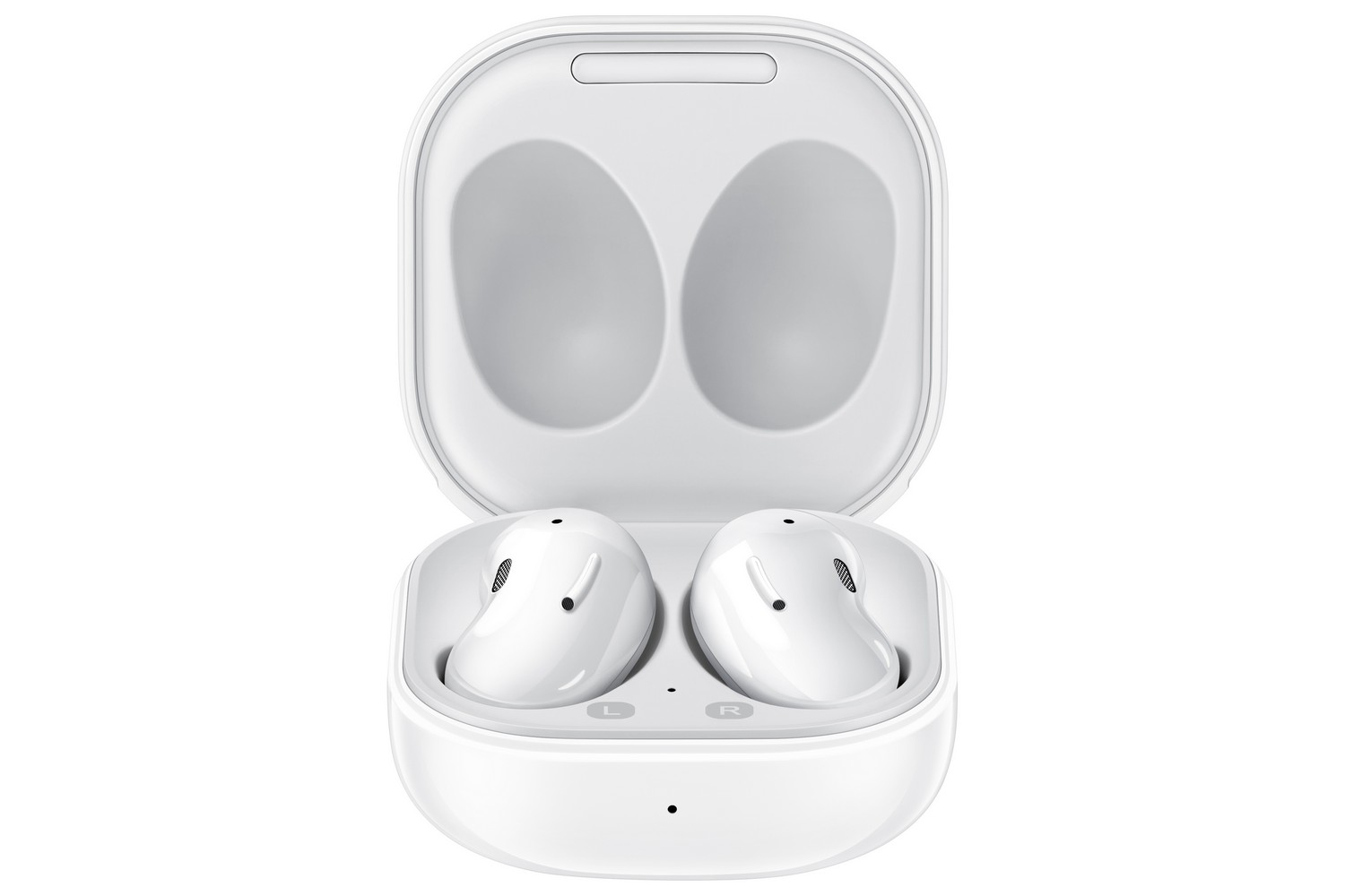 Auriculares blancos en un estuche de carga blanco. El estuche está abierto, mostrando los auriculares.