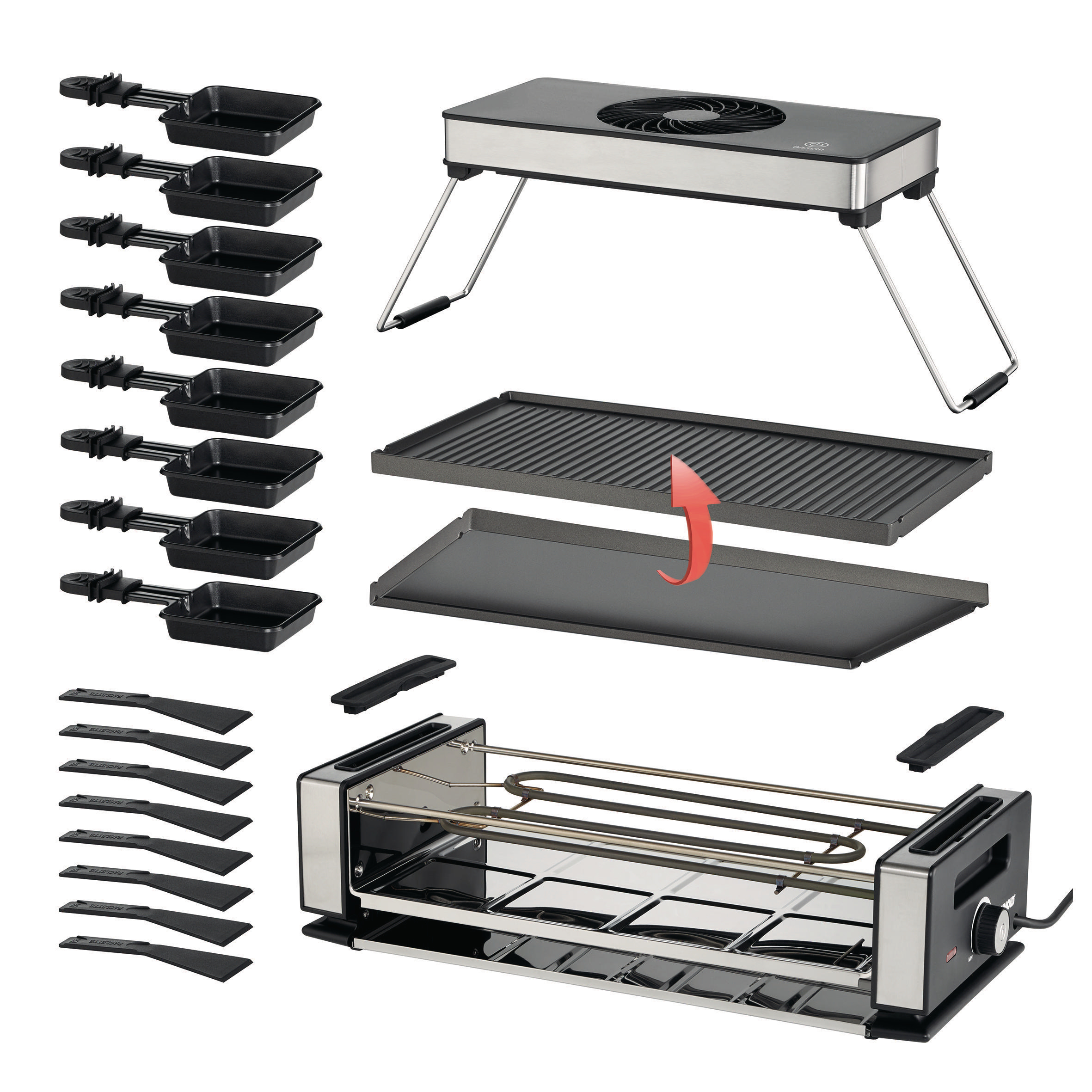 Ein zerlegter Raclette-Grill. Der Grill, die Pfannen und die Schaber sind sichtbar.