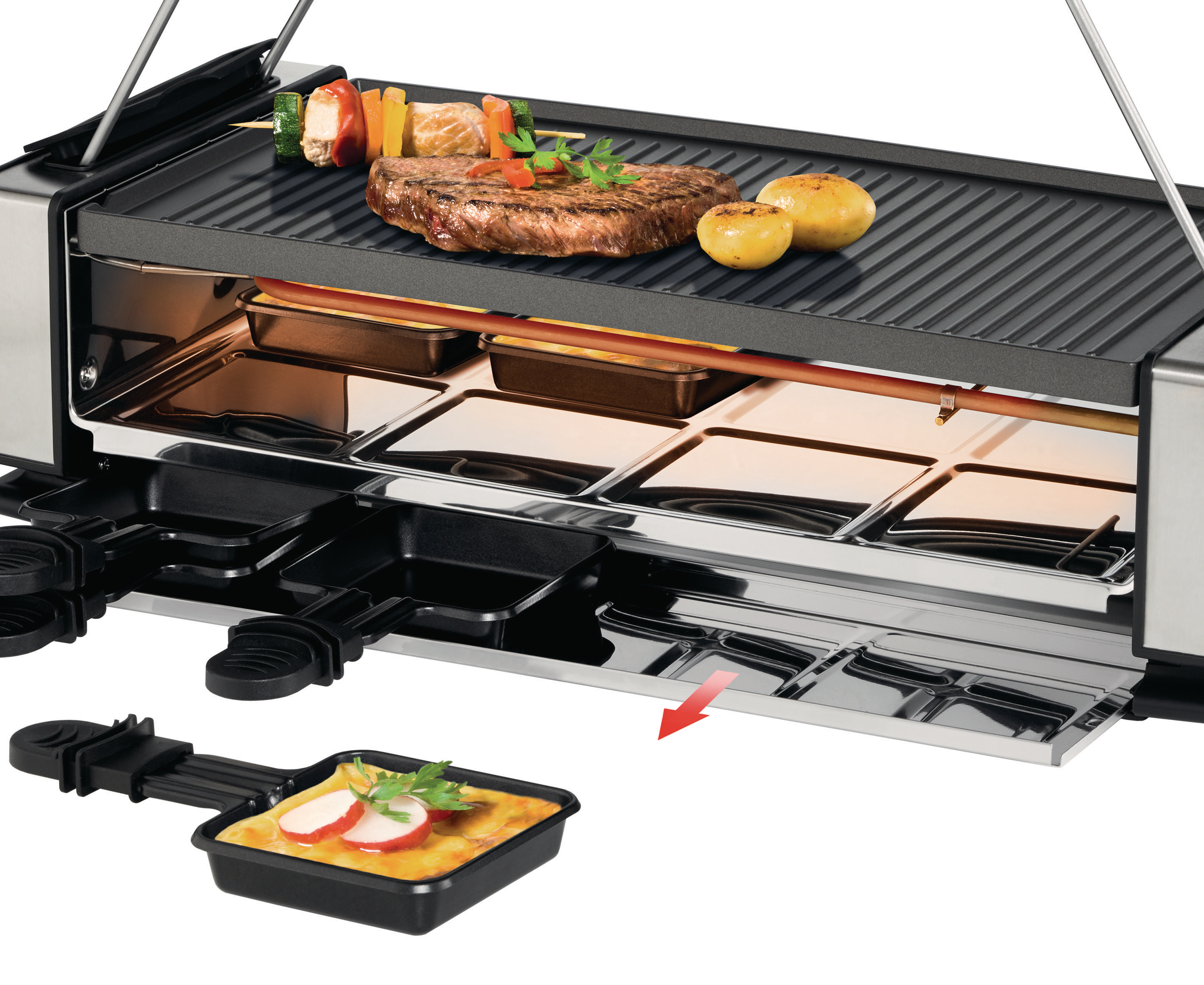 Raclette-Grill mit Speisen, darunter Steak, Kartoffeln und Gemüse.
