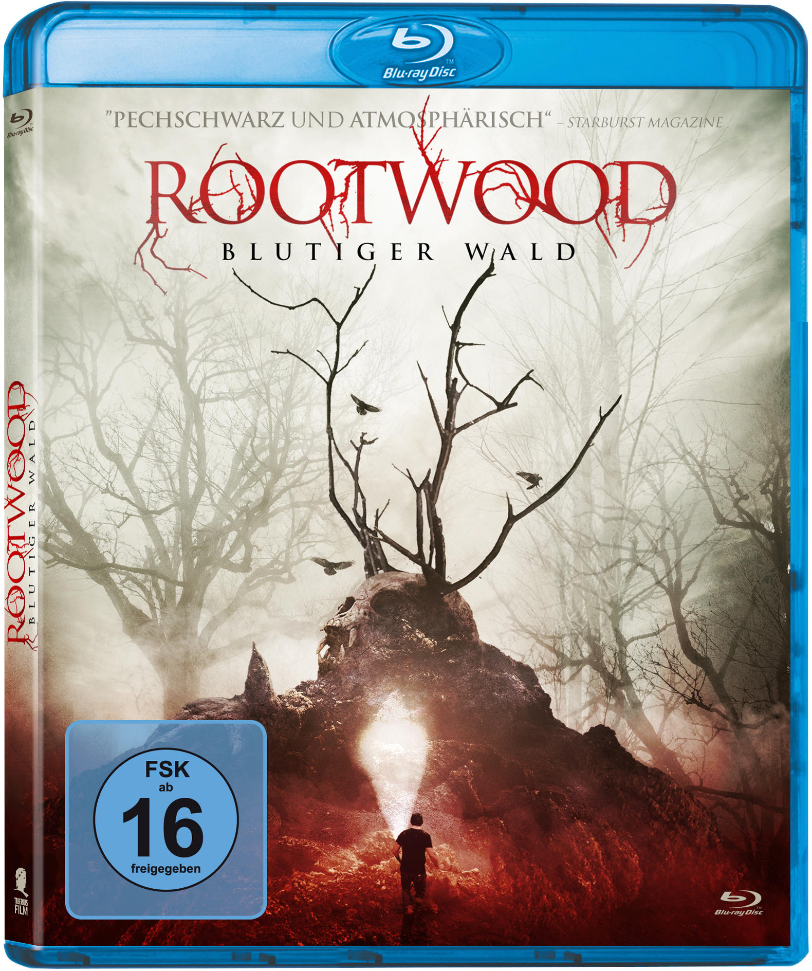Eine Blu-ray-Filmhülle mit dem Titel Rootwood, mit einem dunklen, unheimlichen Waldhintergrund.