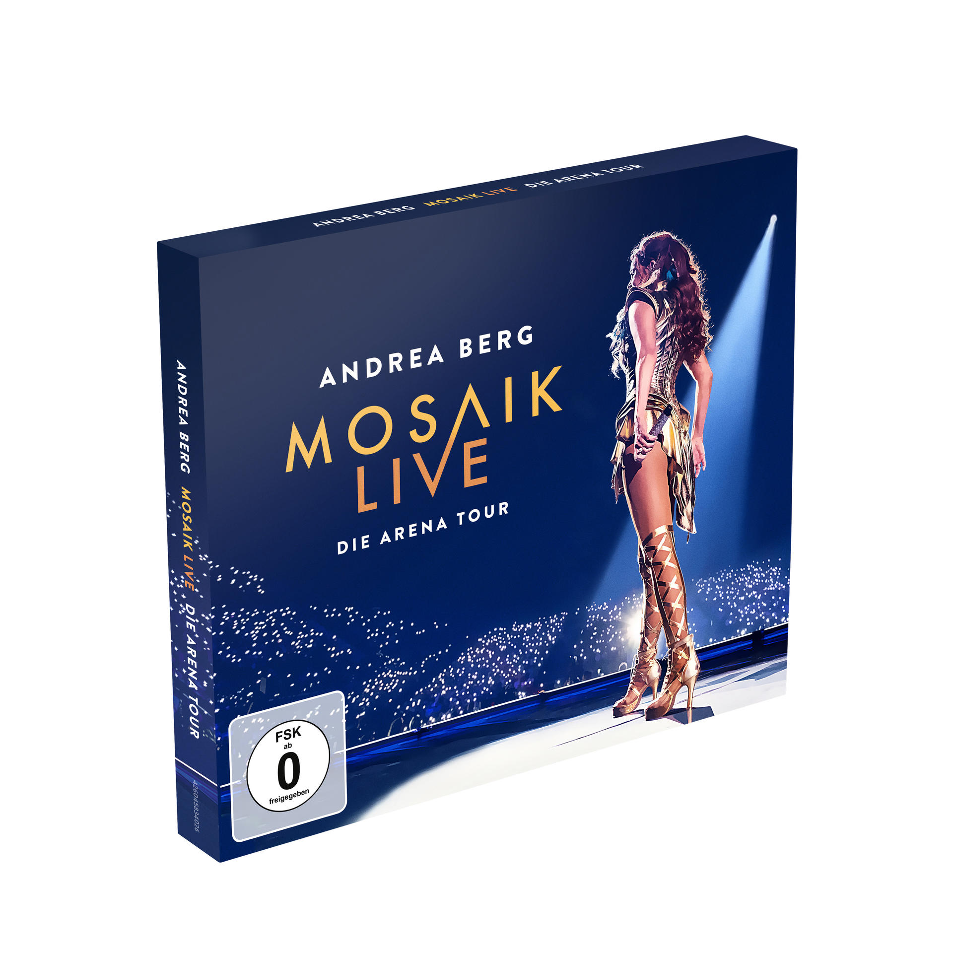 DVD-Boxset von Andrea Bergs 'Mosaik Live'-Tour, mit einem Bild von ihr auf der Bühne.