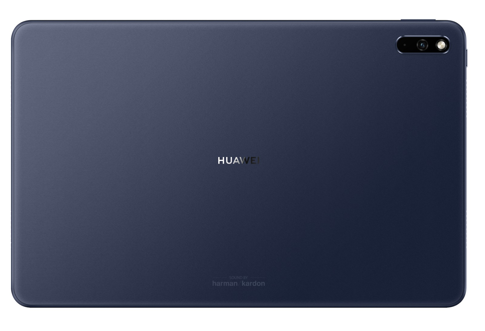 Lacivert Huawei tablet, arka tarafı, kamera ve logosu görünüyor.