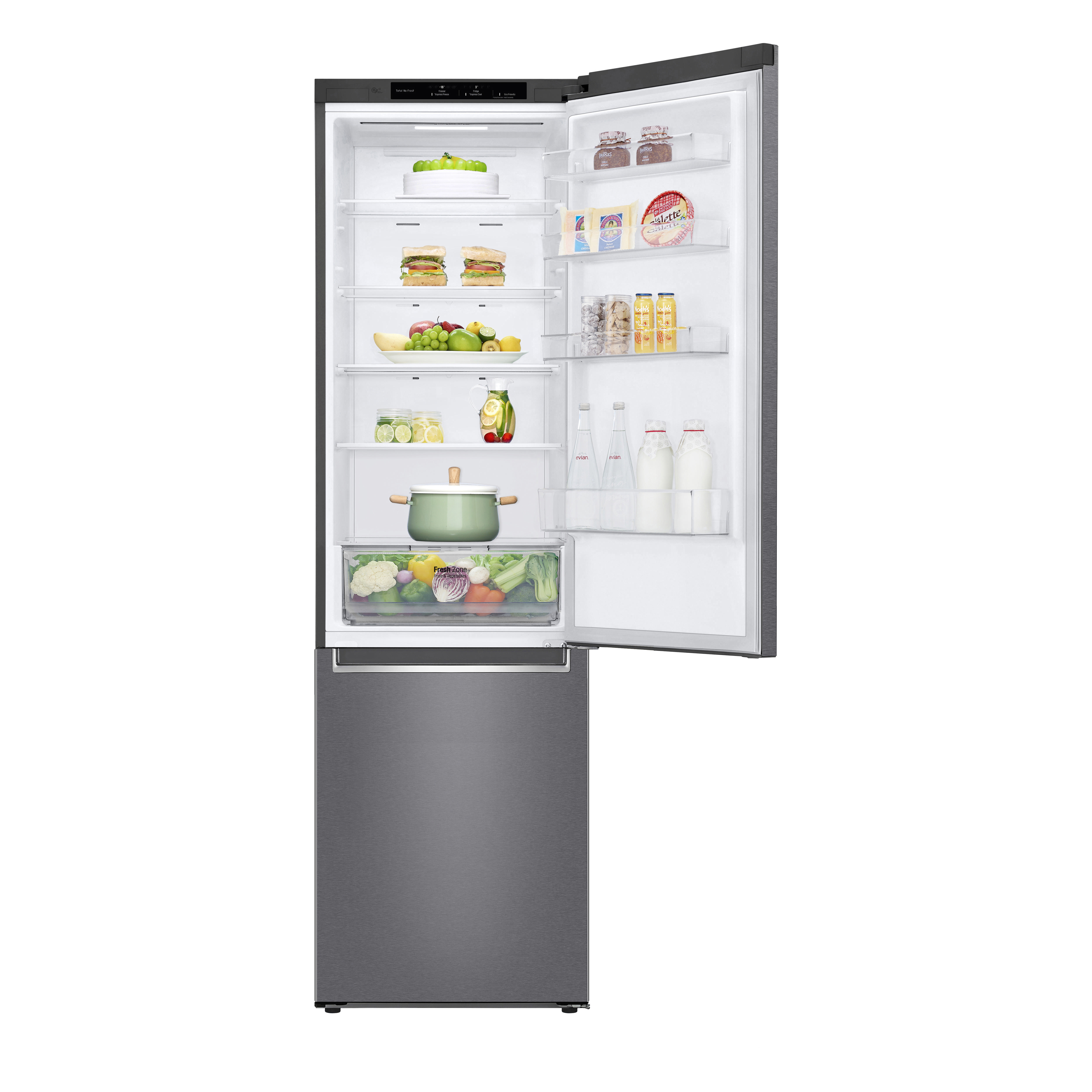 Geöffneter LG-Kühlschrank mit Regalen, Inhalt und Gefrierfach.