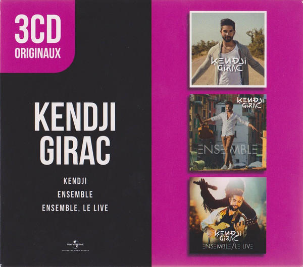 Pochette d'album avec trois images d'un homme et du texte, avec un design rose et noir.