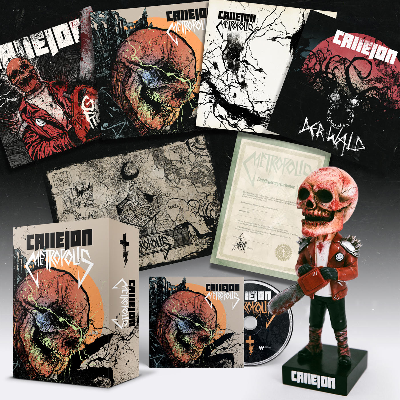 Eine Sammlung von Artikeln, darunter eine Totenkopf-Figur, CDs und Kunstwerke, alle mit ähnlichem Thema.