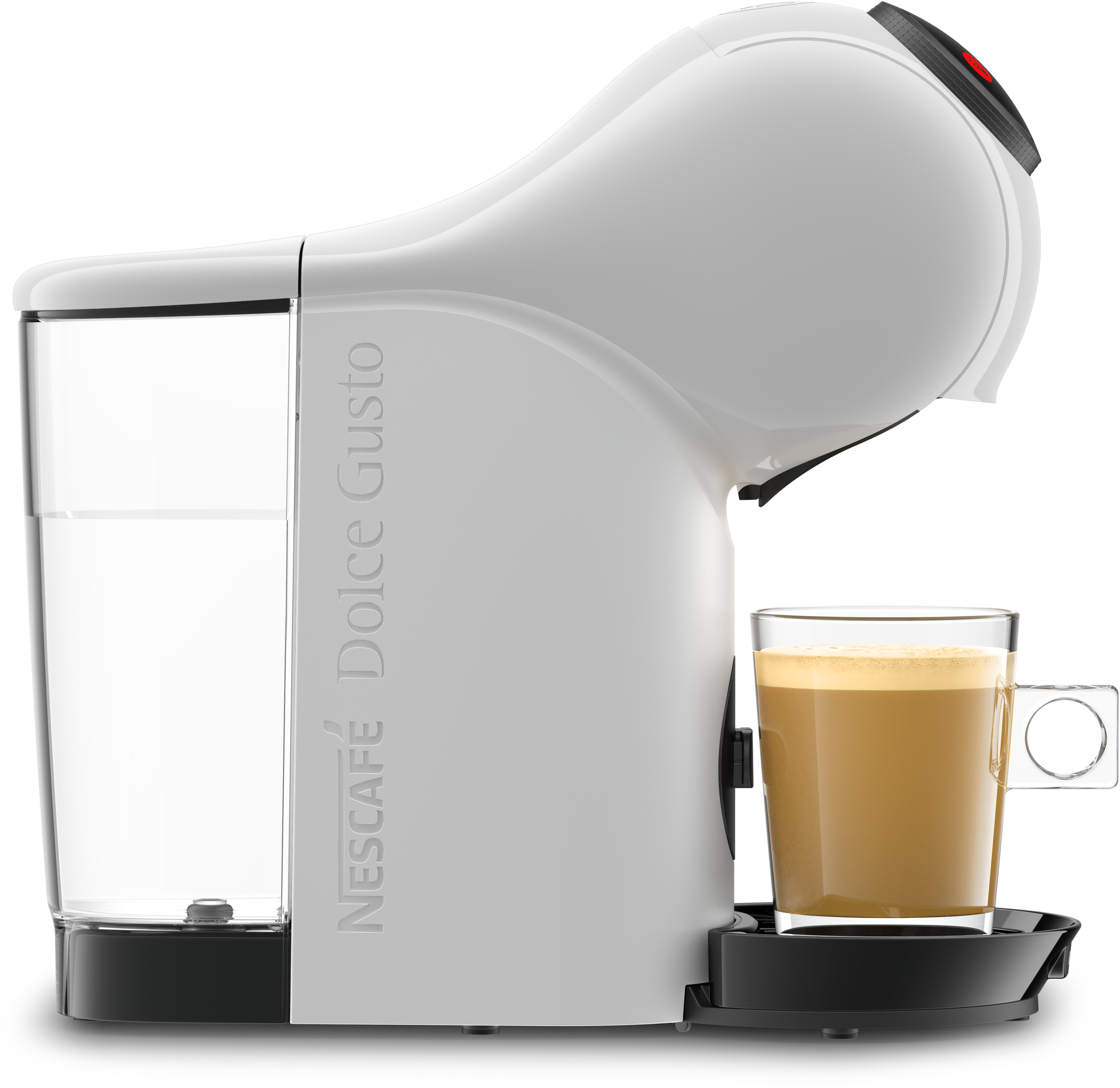 Witte Nescafé Dolce Gusto koffiemachine met een glas koffie.