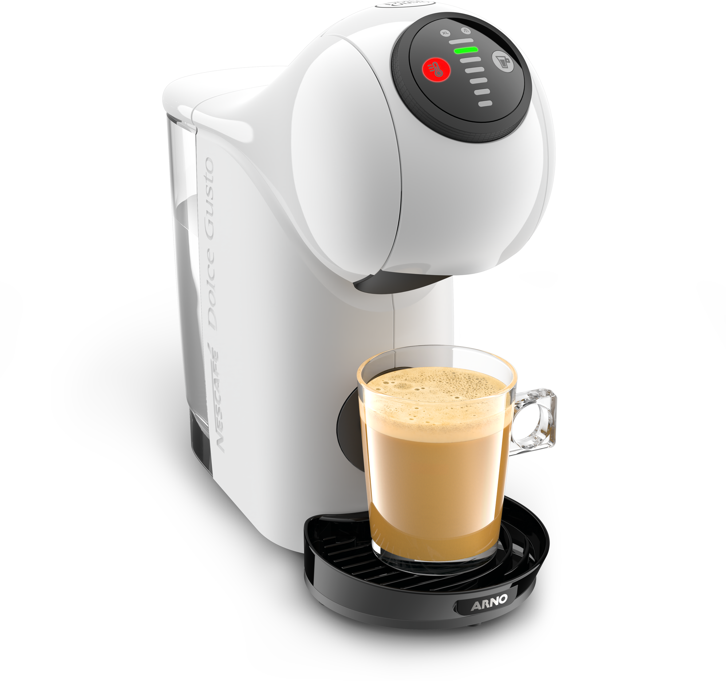 Witte koffiemachine met een glas koffie. De machine heeft een rood lampje aan.