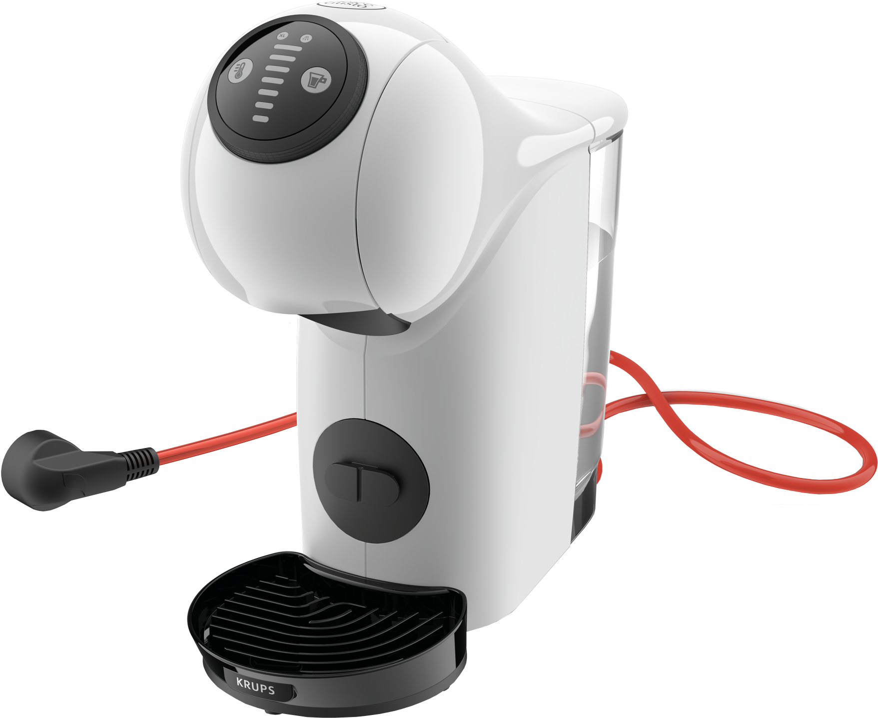 Een witte Krups koffiemachine, met een zwarte voet en een rode stroomkabel.