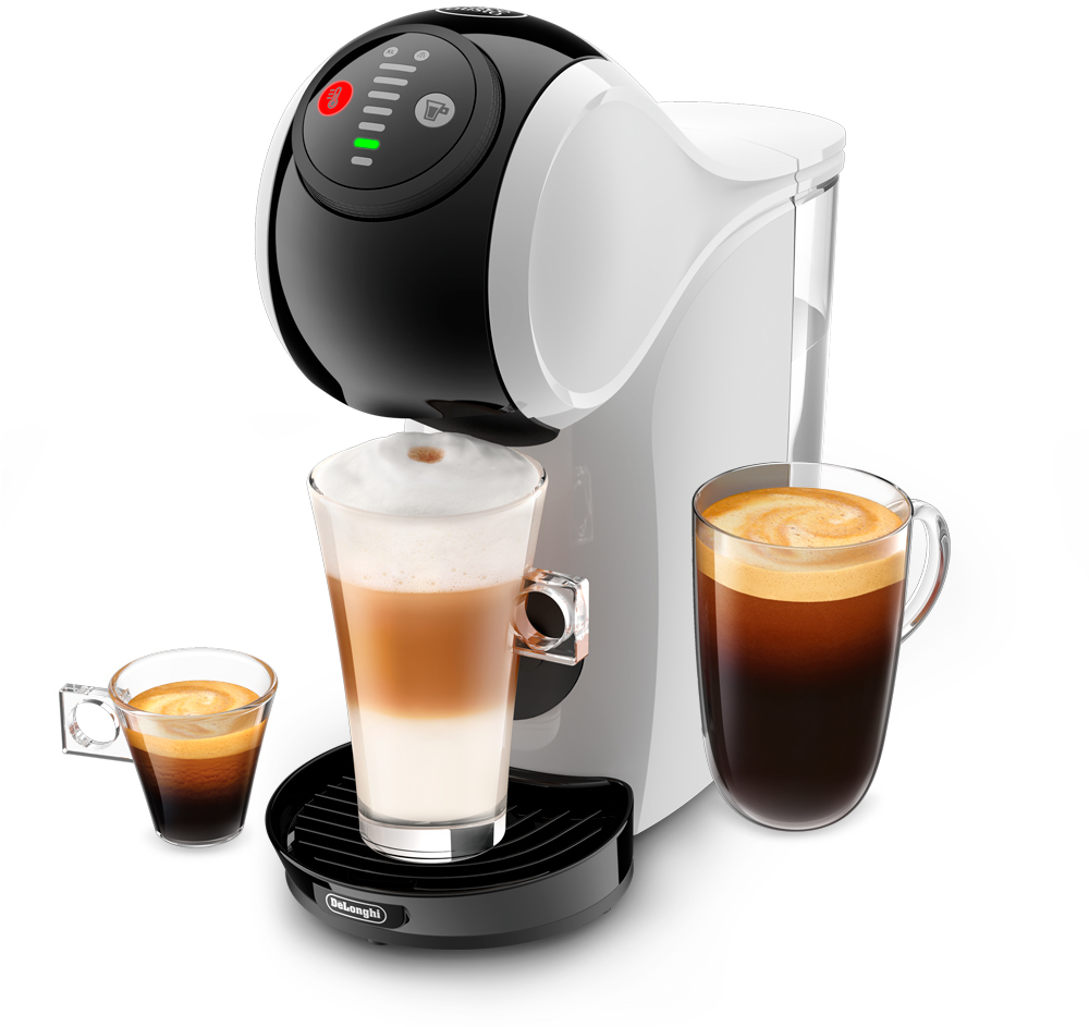Wit en zwart koffiezetapparaat met drie glazen koffie, één latte en twee espresso's.