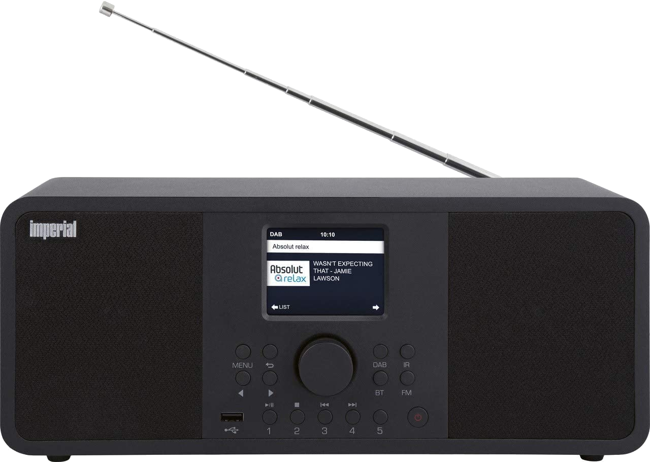 Radio noire avec antenne, écran et boutons de commande. Affiche des informations.