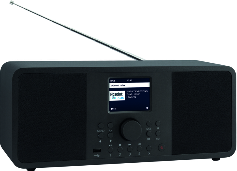 Radio DAB noire avec écran et boutons, antenne déployée.