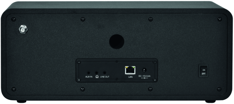 Vue arrière d'un haut-parleur noir avec ports de connexion. AUX IN, LAN et alimentation.