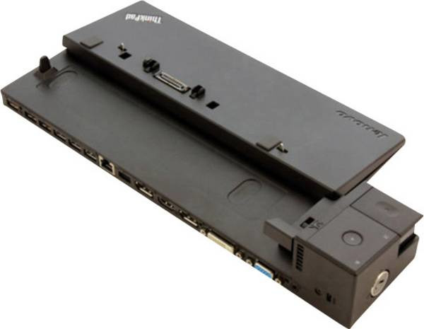 Station d'accueil Lenovo ThinkPad noire avec plusieurs ports et une section supérieure surélevée.