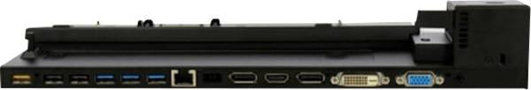 Une station d'accueil noire avec de nombreux ports, dont USB, HDMI et DVI.