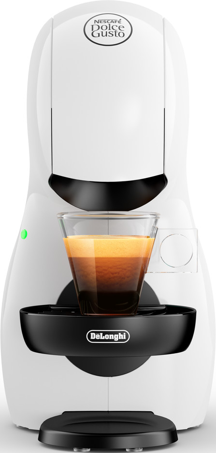 Macchina da caffè Nespresso DeLonghi bianca e nera con un bicchiere di caffè.